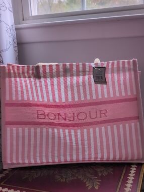 Bonjour Pink Stripe Beach Tote